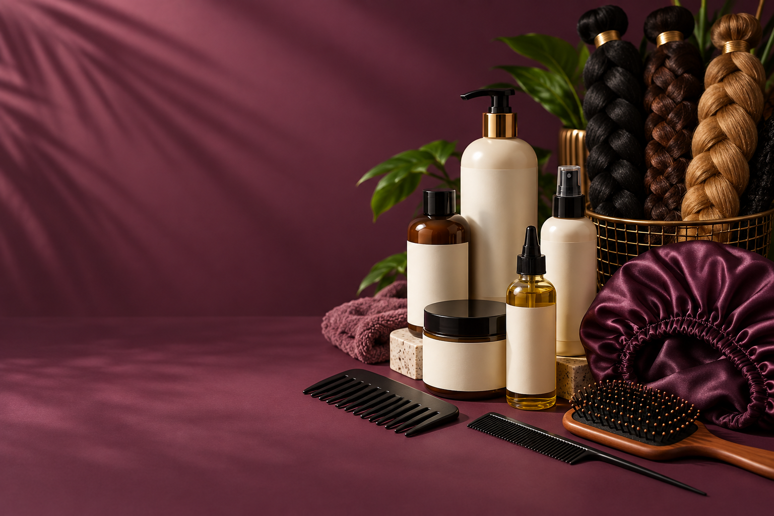 Hair care products, brushes, and beauty accessories arranged together